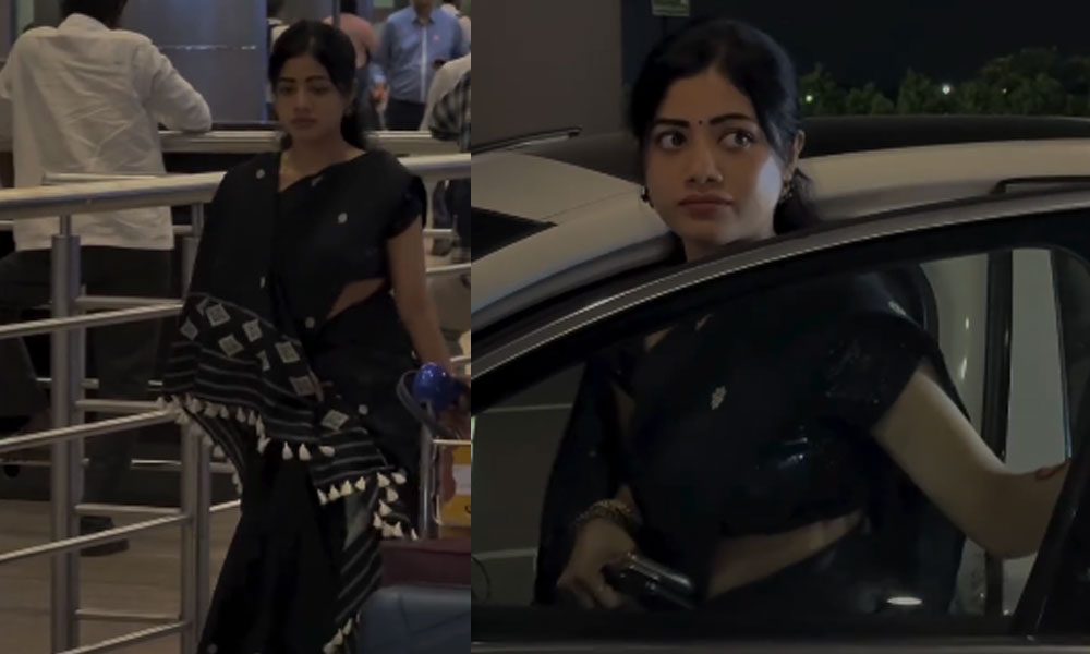 ఎయిర్పోర్టులో చీరకట్టులో హుందాగా కనిపించిన బ్యూటీ.. ఎవరీ జూనియర్ రష్మిక?