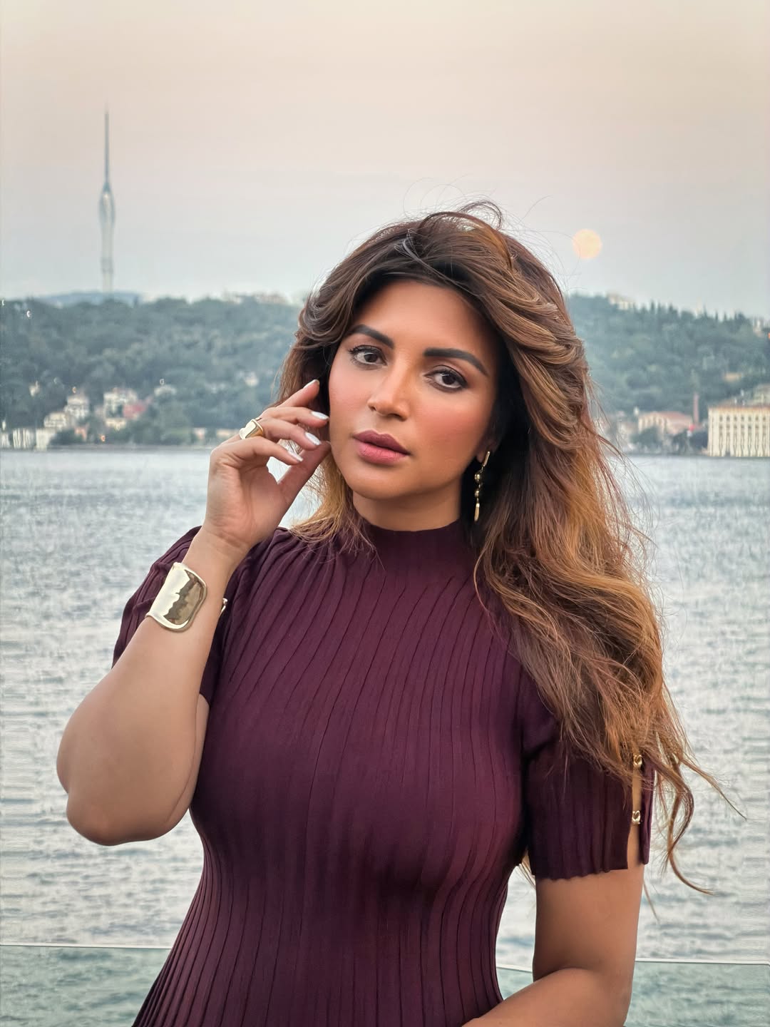 Shama Sikander Stuns in Burgundy Mini Dress Against a Dreamy Turkey Sunset