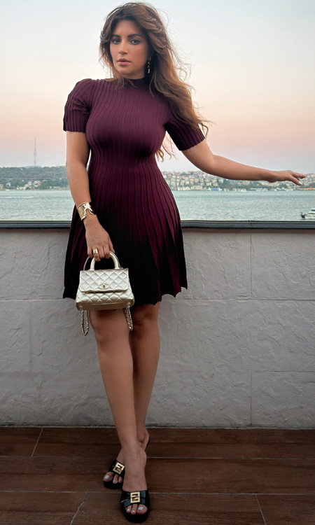 Shama Sikander Stuns in Burgundy Mini Dress Against a Dreamy Turkey Sunset