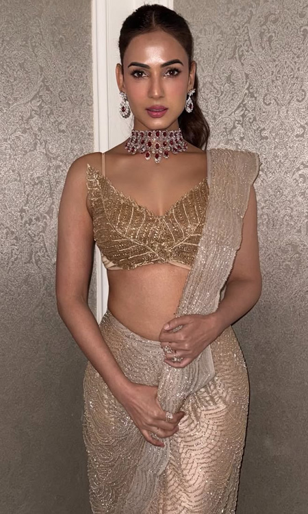 Sonal Chauhan Stuns In A Dazzling Champagne Gold Saree