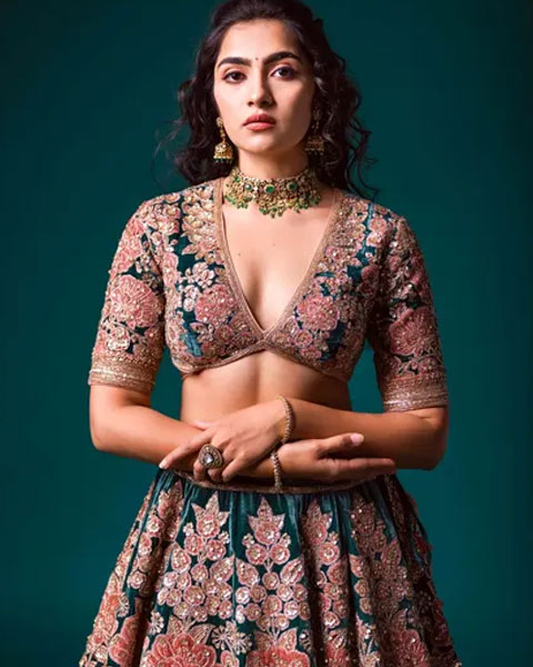 Rukmini Vasanth Stuns in a Regal Teal and Rose Gold Lehenga