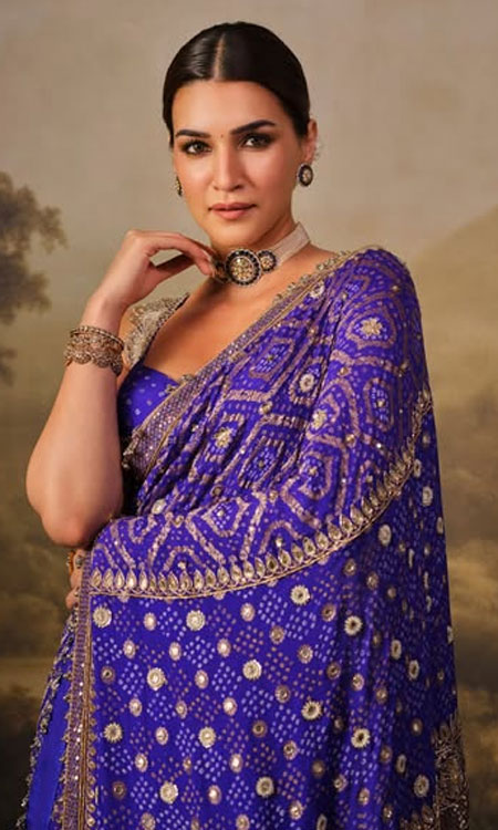 Kriti Sanon Stuns in a Royal Blue Bandhani Saree by Manish Malhotra