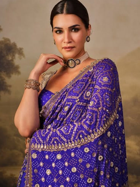 Kriti Sanon Stuns in a Royal Blue Bandhani Saree by Manish Malhotra