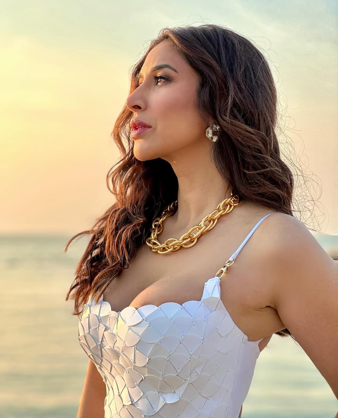 Sophie Choudry Captures Sunset Glamour in a Serene Beach Portrait