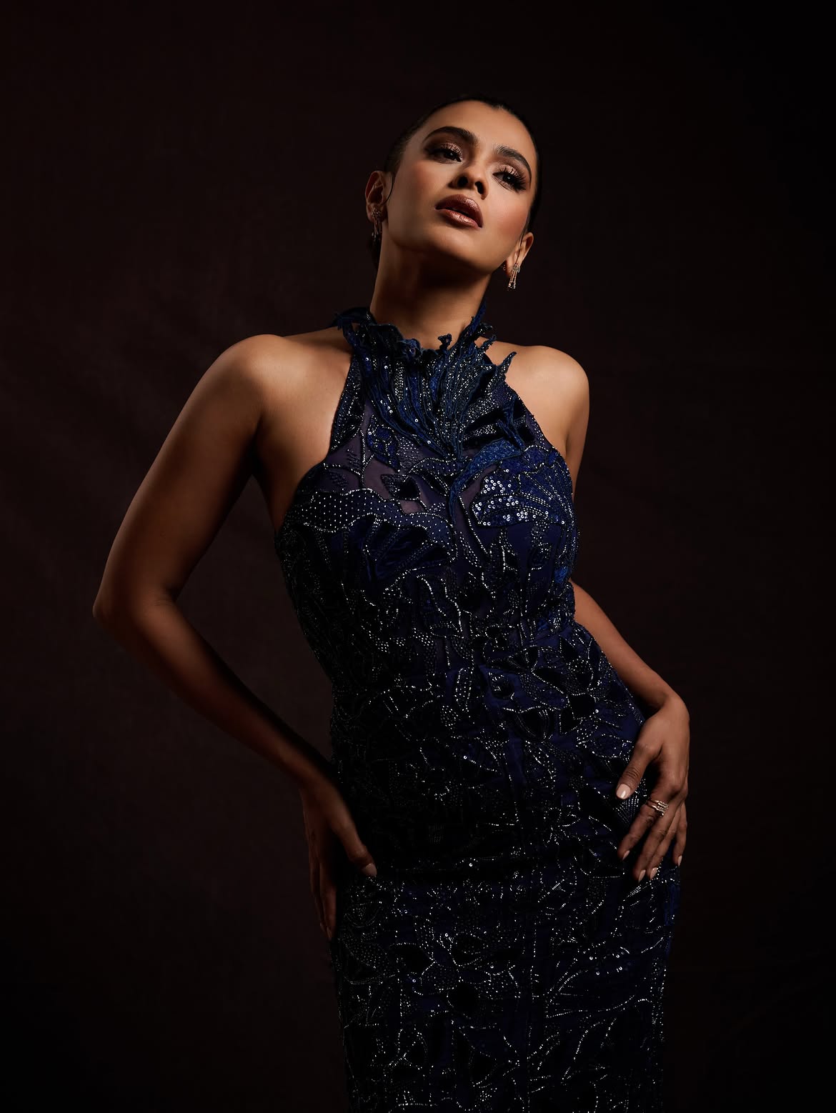 Hebah Patel Stuns in a Glamorous Navy Blue Sequined Gown