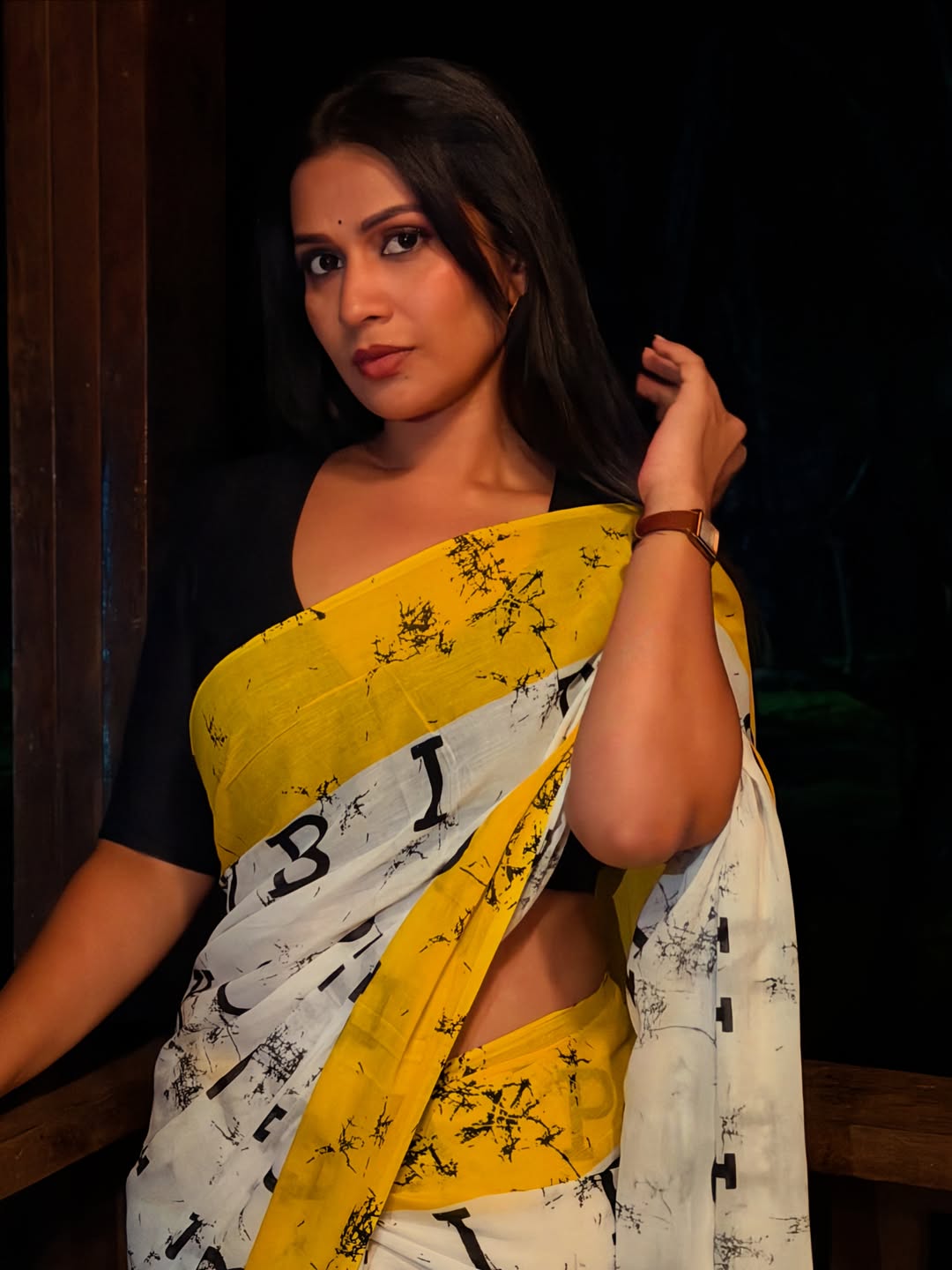 Doulath Sulthana Stuns in Stylish Yellow Saree With Bold Tattoo Look