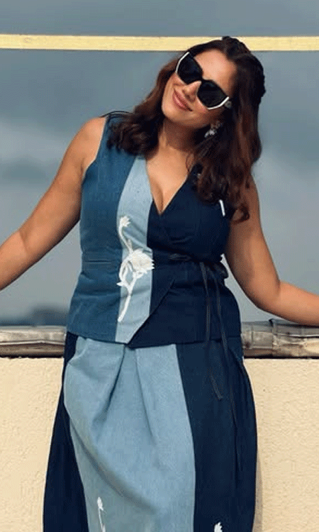 Sonnalli Seygall Stuns In A Chic Blue Co-Ord Set With Oversized Sunglasses