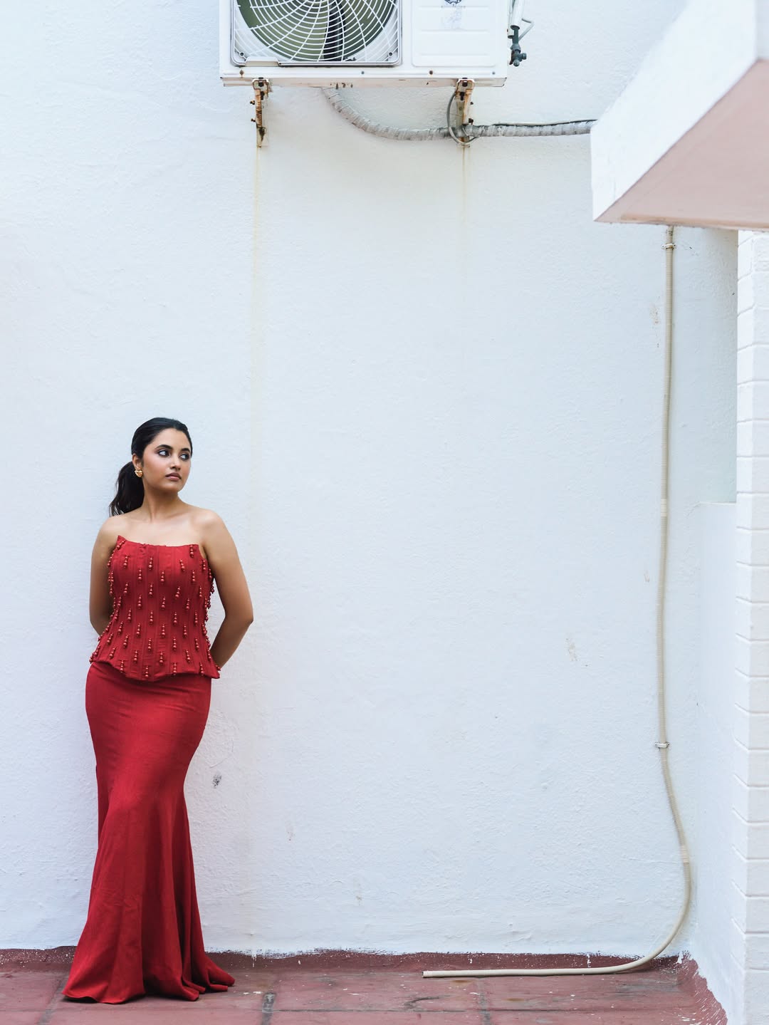 Priyanka Arul Mohan Stuns in Fiery Crimson-Red Corset Look