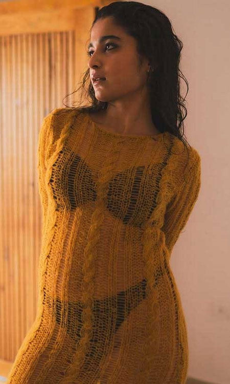 Chaithra J Achar Stuns in a Cozy Mustard-Yellow Knitted Dress