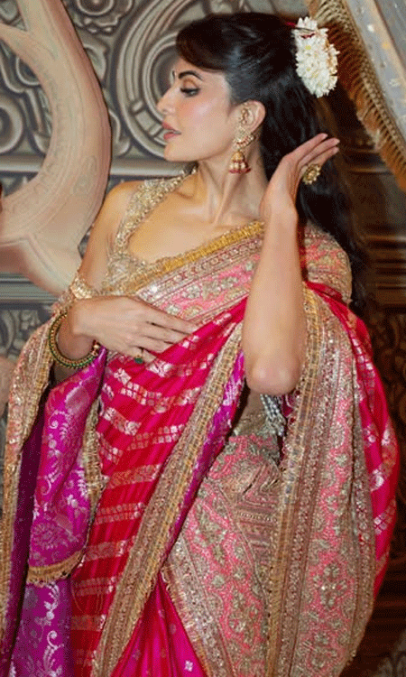 Jacqueline Fernandez Stuns in a Royal Pink and Gold Saree Look