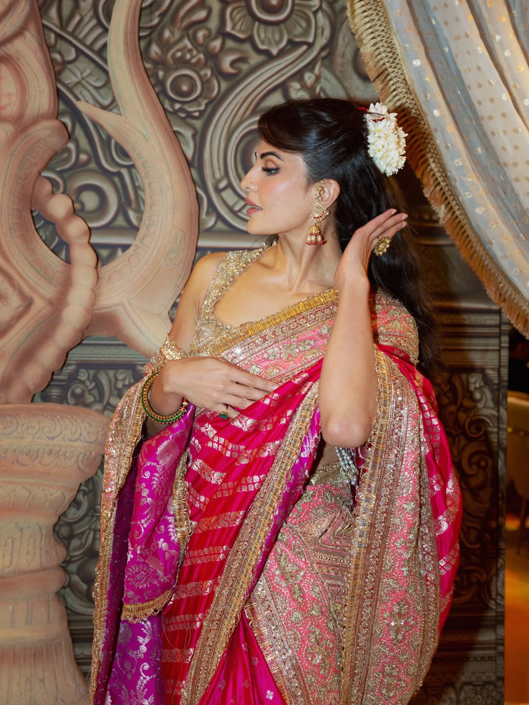 Jacqueline Fernandez Stuns in a Royal Pink and Gold Saree Look