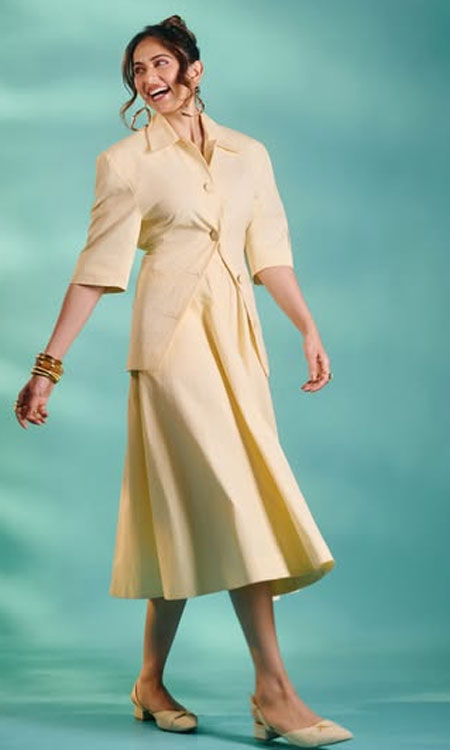 Rakul Preet Singh Stuns in a Chic Pale Yellow Blazer and Midi Skirt
