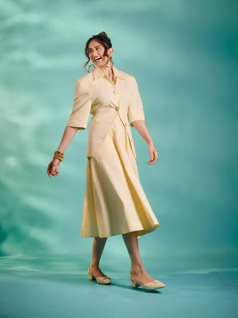 Rakul Preet Singh Stuns in a Chic Pale Yellow Blazer and Midi Skirt