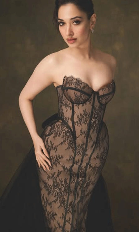 Tamannaah Bhatia Stuns in a Sheer Black Lace Corset Gown