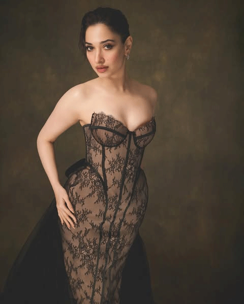 Tamannaah Bhatia Stuns in a Sheer Black Lace Corset Gown