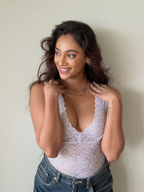 Anukreethy Vas Stuns in a Chic White Lace and Denim Look