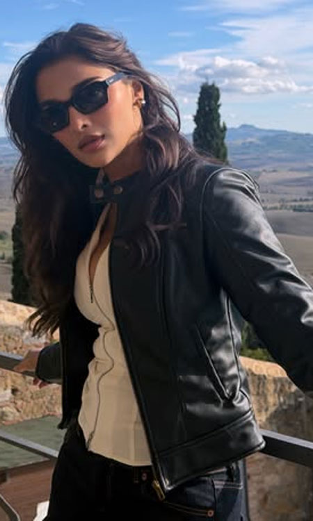 Saiee Manjrekar Stuns in Black Leather Jacket Against Tuscan Hills