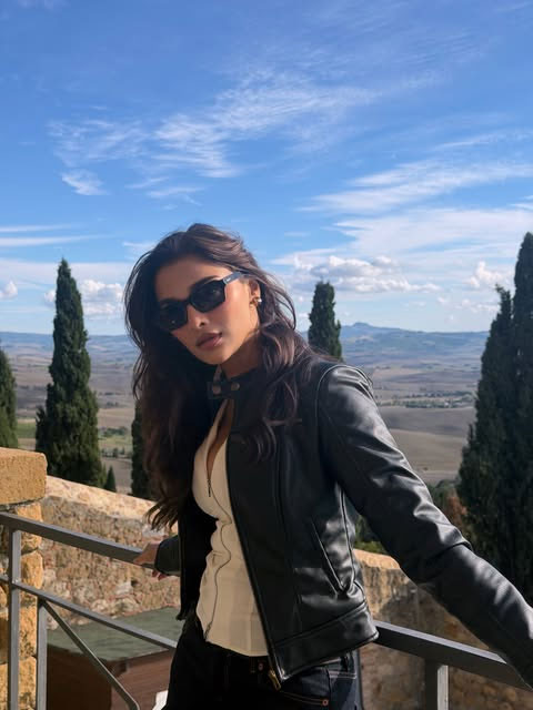 Saiee Manjrekar Stuns in Black Leather Jacket Against Tuscan Hills