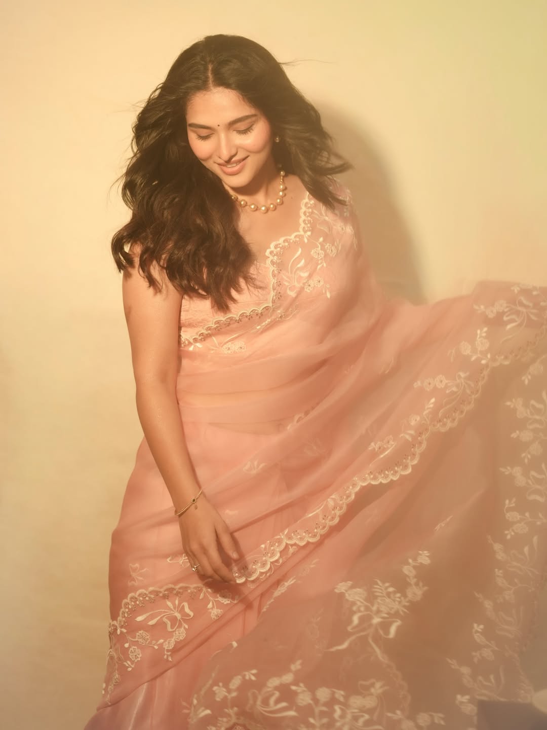 Kayadu Lohar Looks Ethereal in a Blush Pink Organza Saree