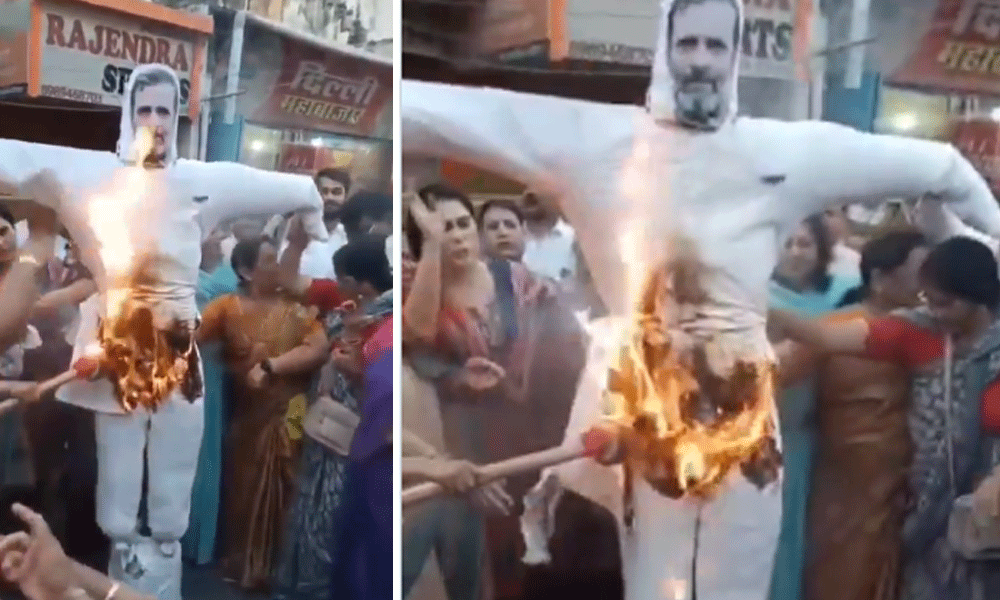 రాహుల్ దిష్టిబొమ్మ దహనం..మహిళా మోర్చా అతి చేష్టలు