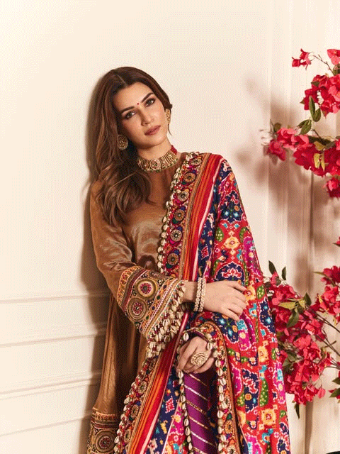 Kriti Sanon Looks Regal in a Golden-Brown Silk Kurta and Patola Dupatta