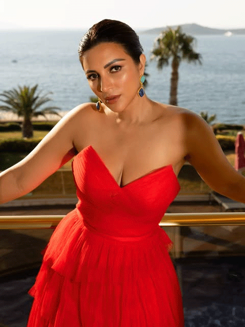 Shama Sikander Stuns in a Scarlet Red Gown at a Luxury Resort