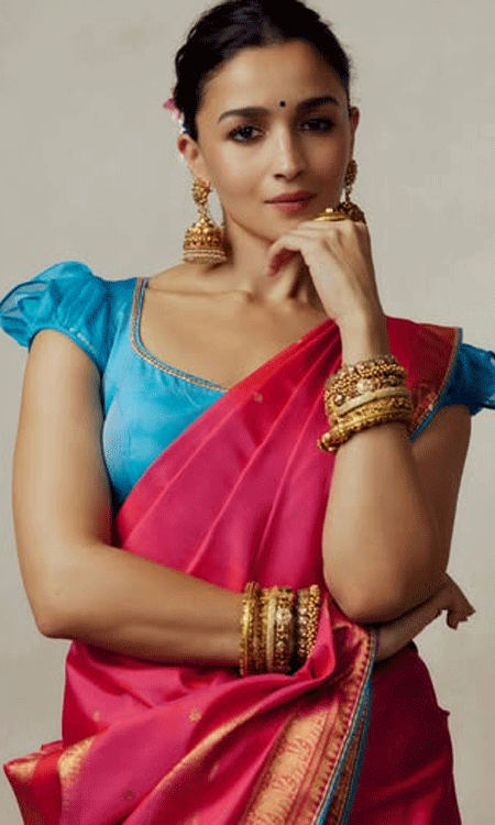 Alia Bhatt Looks Radiant in Magenta Silk Saree for Durga Puja Celebrations