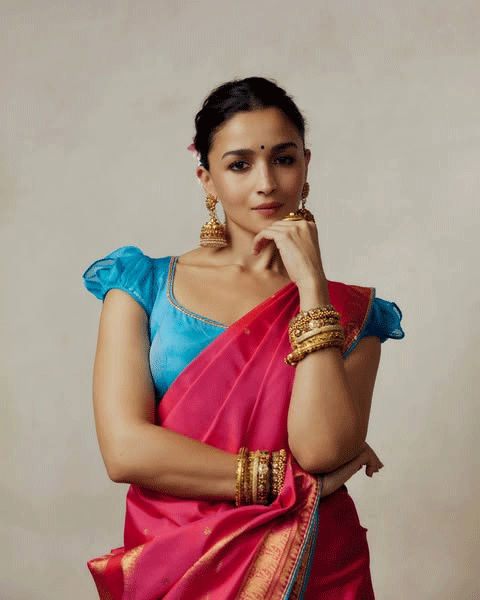Alia Bhatt Looks Radiant in Magenta Silk Saree for Durga Puja Celebrations