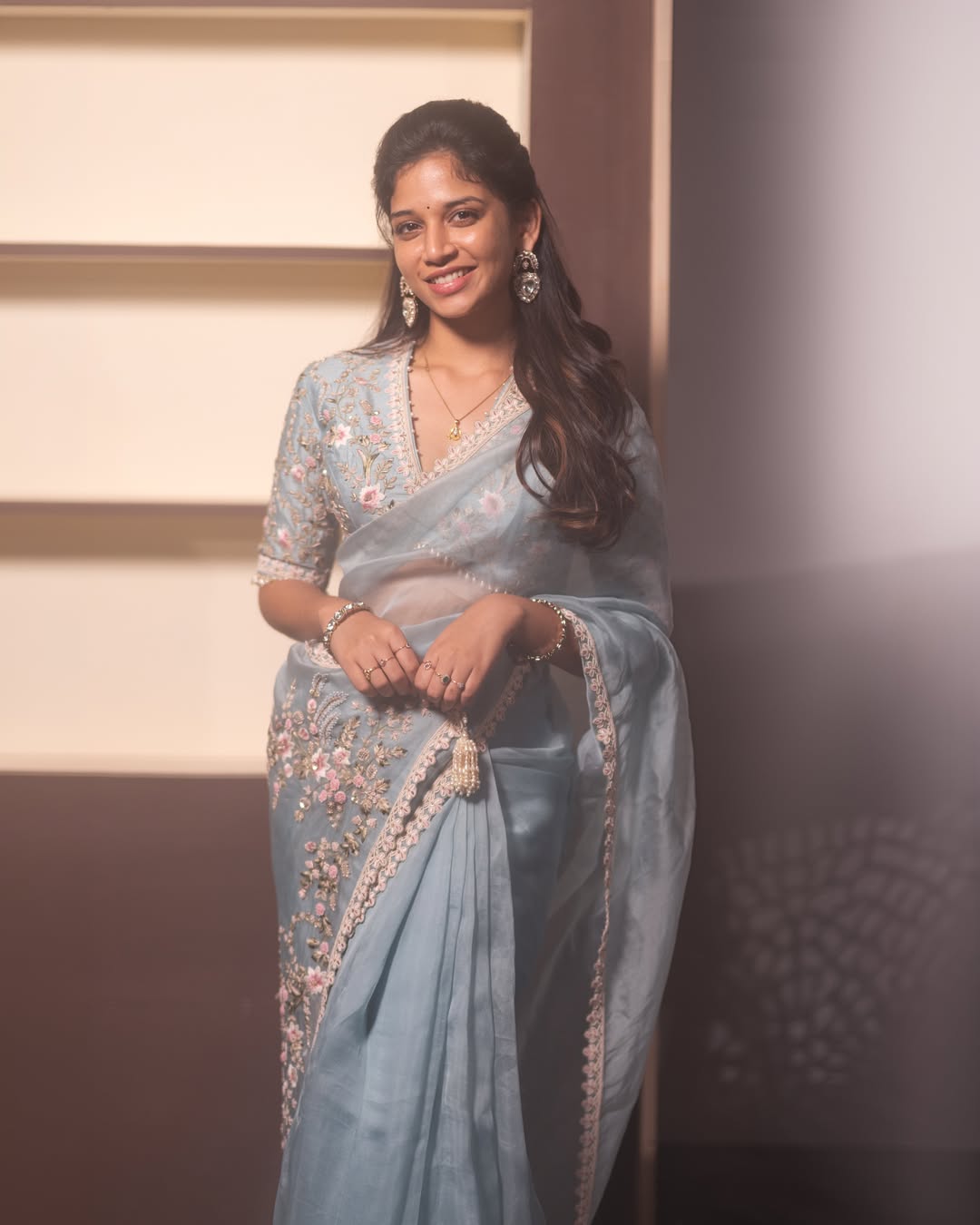 Sri Devi Apalla Looks Elegant in a Powder Blue Floral Embroidered Saree
