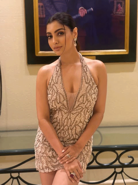 Akanksha Puri Stuns in a Shimmering Beige Sequined Party Dress