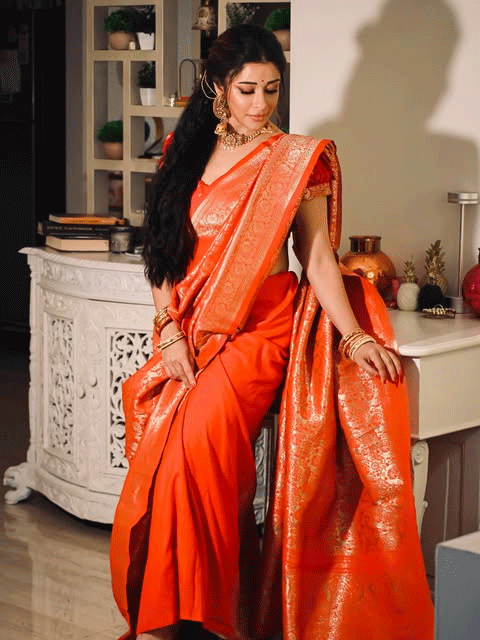 Nyra Banerjee Radiates Festive Elegance in Orange Banarasi Silk Saree