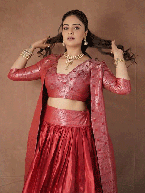 Sree mukhi Stuns in Crimson Brocade Festive Ensemble
