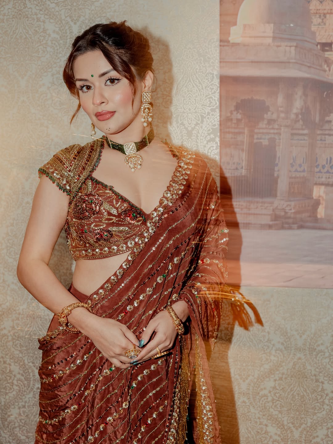 Avneet Kaur Stuns in an Embellished Brown Saree With Statement Jewellery