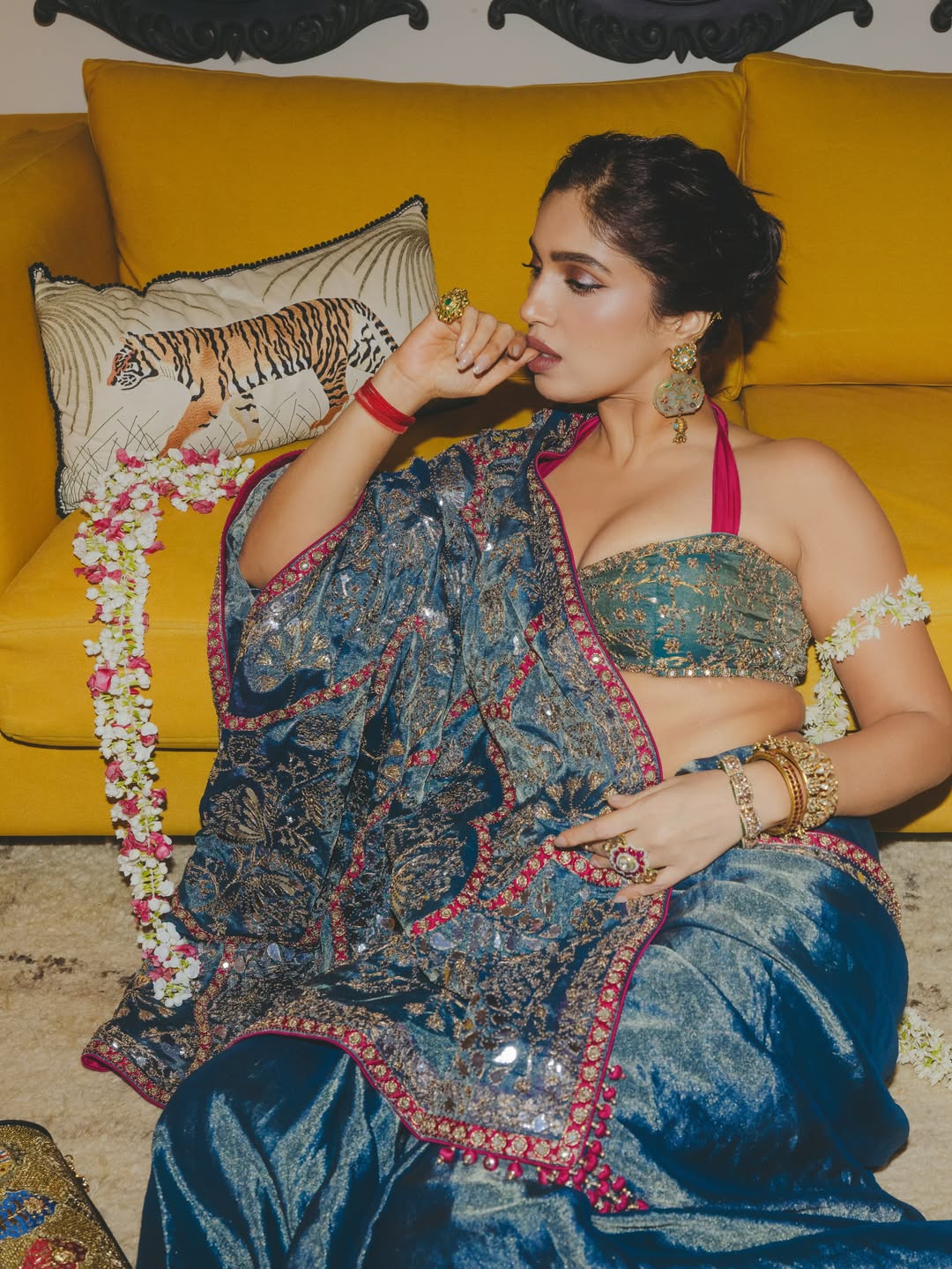 Bhumi Pednekar Looks Regal in a Blue Saree with Gold Embroidery