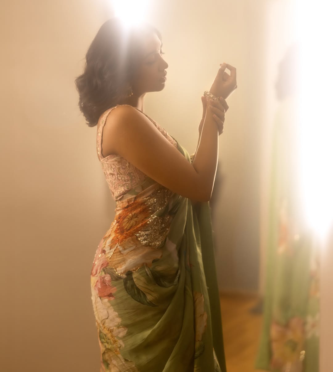 Shivathmika Rajashekar Looks Elegant in a Floral Light Green Saree