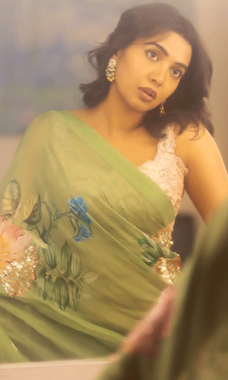 Shivathmika Rajashekar Looks Elegant in a Floral Light Green Saree