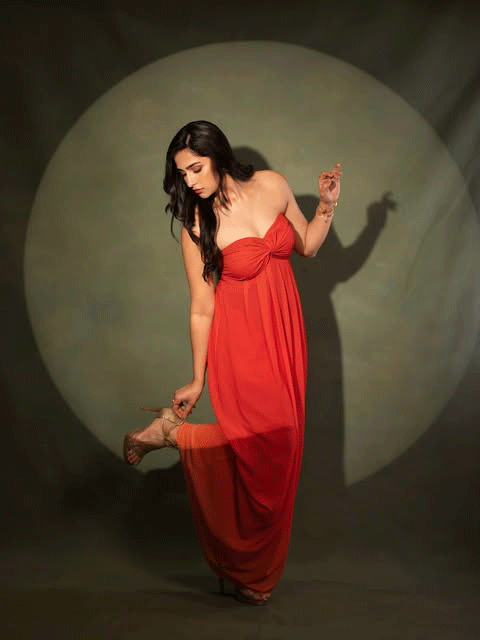 Rukmini Vasanth Stuns in a Flowing Coral Strapless Gown