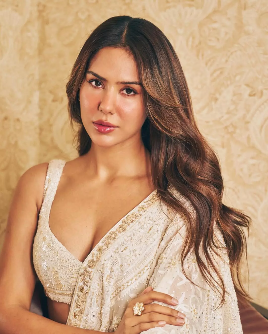 Sonam Bajwa Stuns in Off-White Saree at Border 2 Success Press Meet