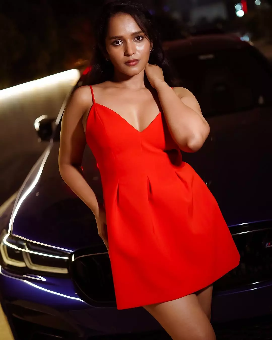 Pavani Karanam Shines in Fiery Red – A Nighttime Glow