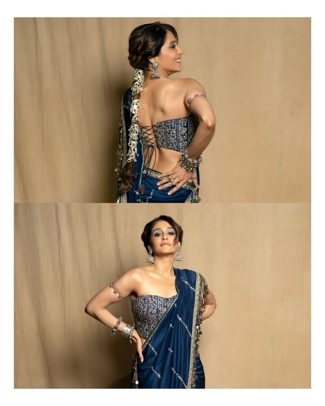Regina Cassandra Dazzles in Elegant Navy Blue Saree