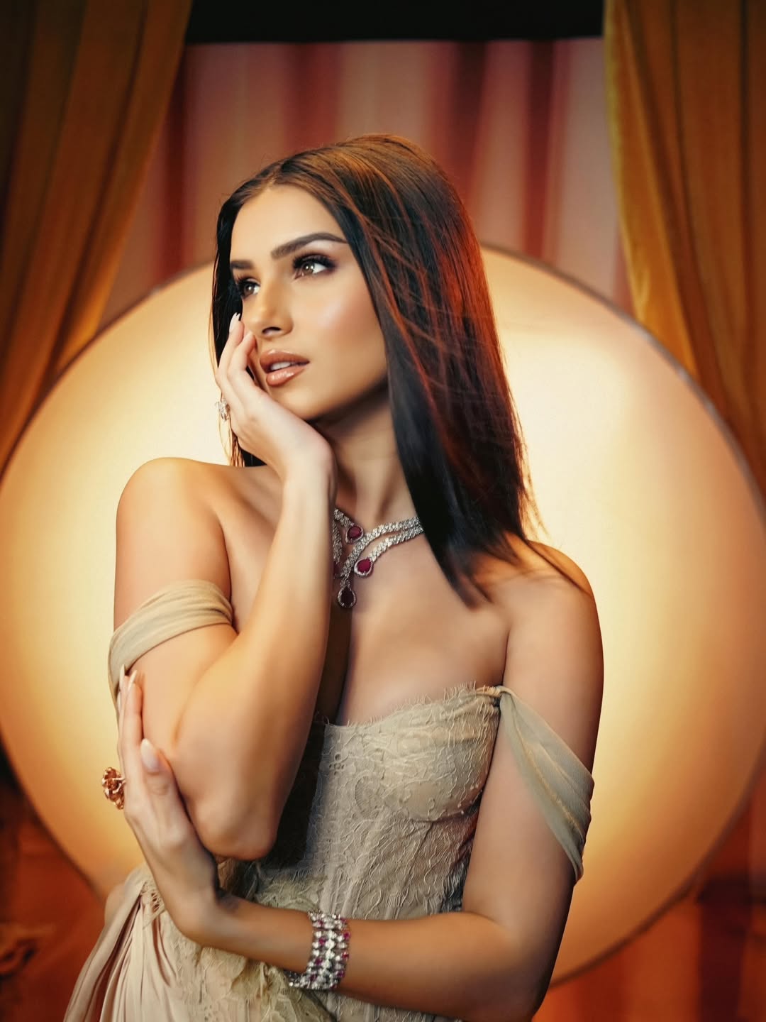 Tara Sutaria Stuns in Beige Corset Gown and Ruby Jewellery