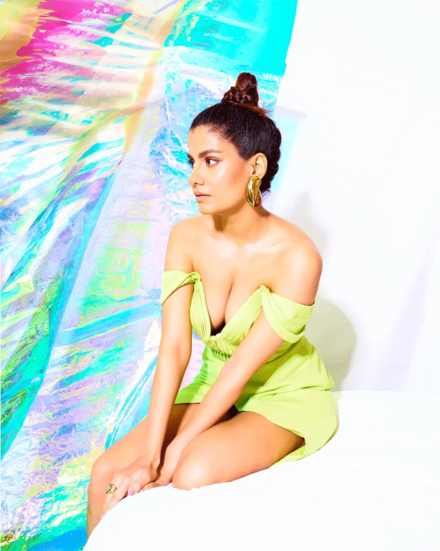 Shreya Dhanwanthary Stuns in Lime Green Off-Shoulder Dress with Radiant Elegance