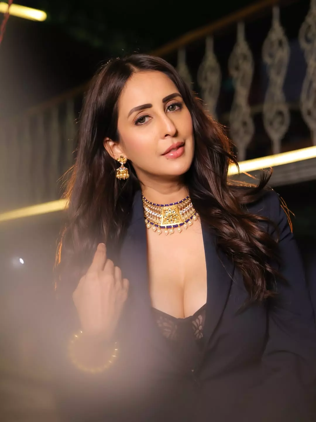 Chahatt Khanna Stuns in Navy Blue Blazer with Deep-Neck Lace Top and Bold Elegance