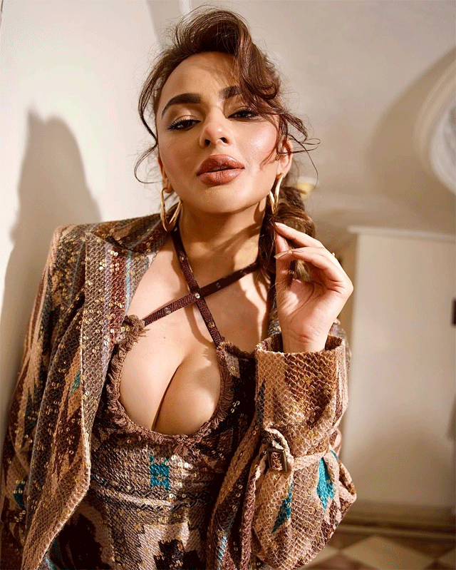 Seerat Kapoor Stuns in Sultry Red Velvet Off-Shoulder Dress with Corset Glam