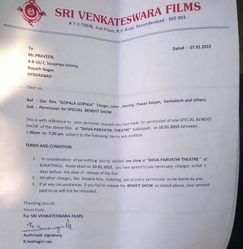 Gopala Gopala Movie Benefit Shows Details