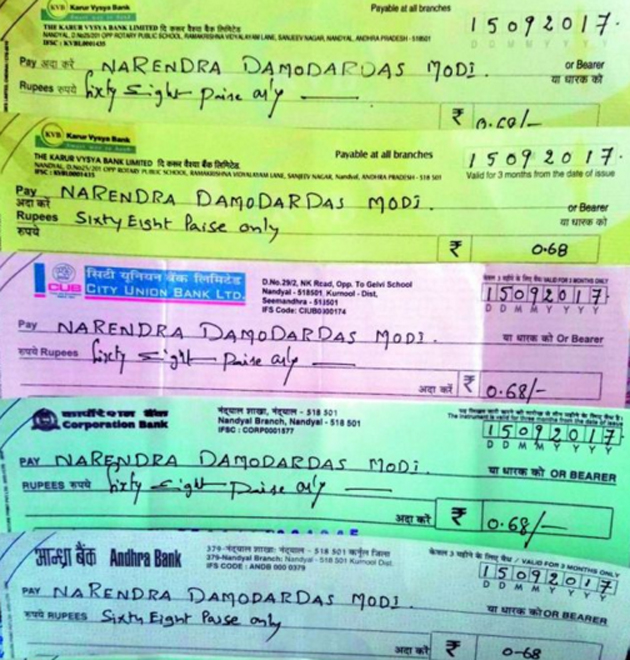 Kurnool Farmers send Cheques of 68 Paise to PM
