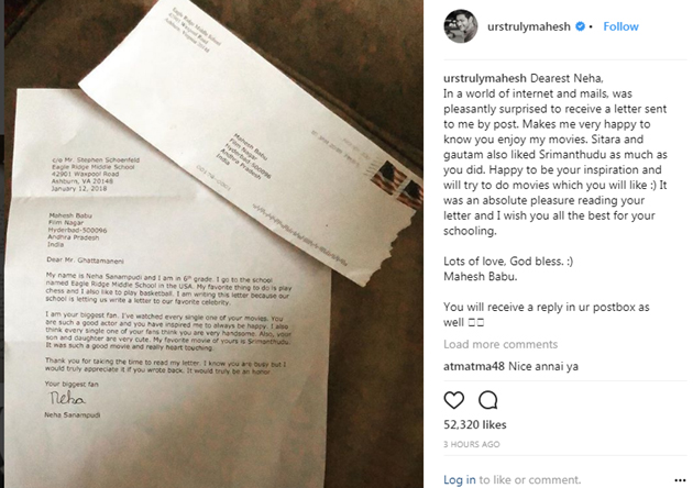 American Fans Letter Impresses Mahesh Babu