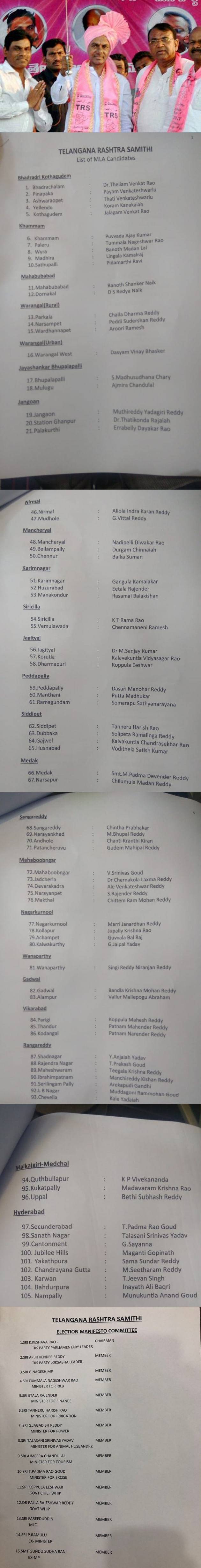 KCR Announces 105 TRS Candidates