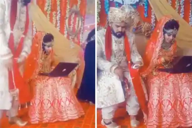 ఘనంగా పెళ్లి .. వధువు ఒడిలో ల్యాప్‌టాప్ ...అసలేమైందంటే !