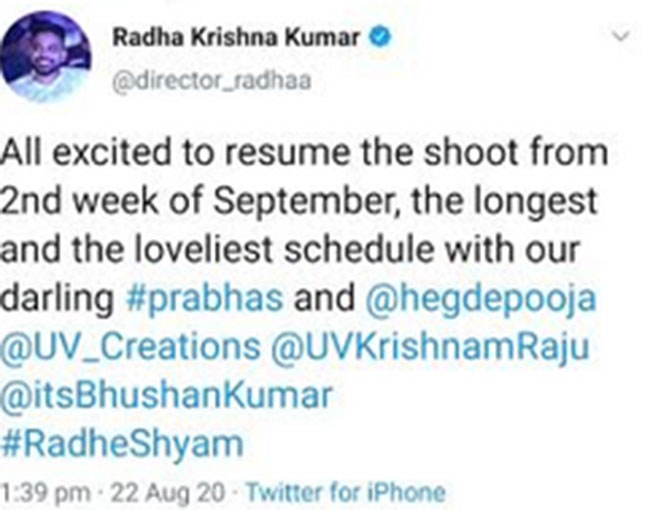 Official: Radhe Shyam To Resume Shooting From the 2nd Week Of September!